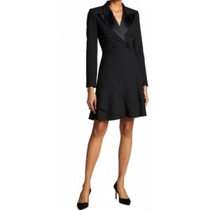 Michael Kors Collection Black Silk Wool Crepe Ruffle Hem Tuxedo Blazer Dress 8